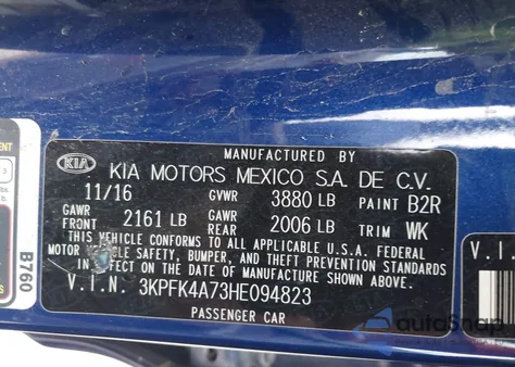 2017 Kia Forte Lx z USA, uszkodzony, nr VIN 3KPFK4A73HE094823